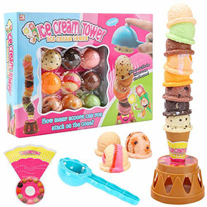 Picture of MCPINKY Ice Cream Game, Ice Cream Cone Playset Sweet Treats Ice Cream Parlour Toy Frozen Dessert Ice Cream Tower Balancing Game Pretend Play Food for Kids Birthday Gift