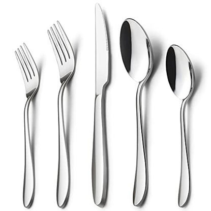 Picture of 40-Piece Modern Silverware Set, HaWare Stainless Steel Flatware Cutlery Set, Elegant Kitchen Utensils Service for 8, Includes Dinner Knives/Spoons/Forks, Mirror Polished, Dishwasher Safe