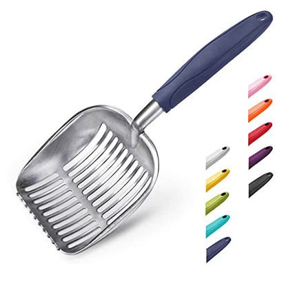 Picture of WePet Cat Litter Scoop, Aluminum Alloy Sifter, Kitty Metal Scooper, Deep Shovel, Long Handle, Poop Sifting, Kitten Pooper Lifter, Durable, Heavy Duty, for Litter Box, Flat Aluminum with Blue Handle