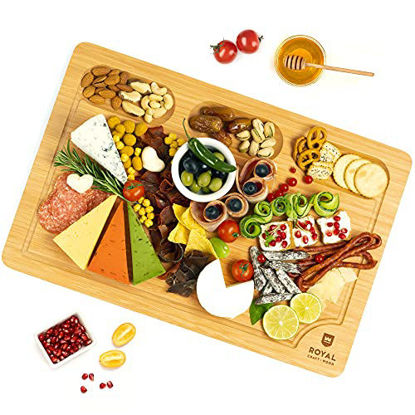 Picture of Extra Large Bamboo Cheese Board and Charcuterie Boards/Serving Tray with Built-in Compartments and Juice Groove for Cheese, Meat and Fruit (12" x 18")