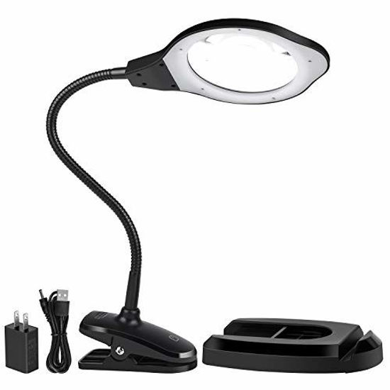 Picture of Magnifying Glass lamp, Dylviw 2X Magnifier Light with Metal clamp, Table Base Holder USB Powered Classic Black Portable Clip Desktop Magnifying lamp, Great for Daily Reading, Hobbies, Workbench