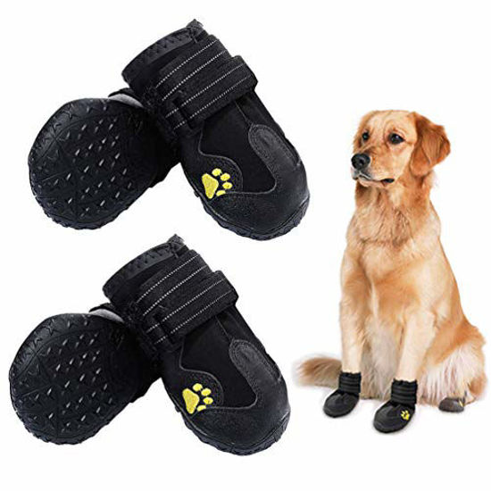 Picture of PK.ZTopia Waterproof Dog Boots, Dog Outdoor Shoes, Dog Rain Shoes, Running Shoes for Medium to Large Dogs with Two Reflective Fastening Straps and Rugged Anti-Slip Sole (3.35" x2.95",Black 4PCS)