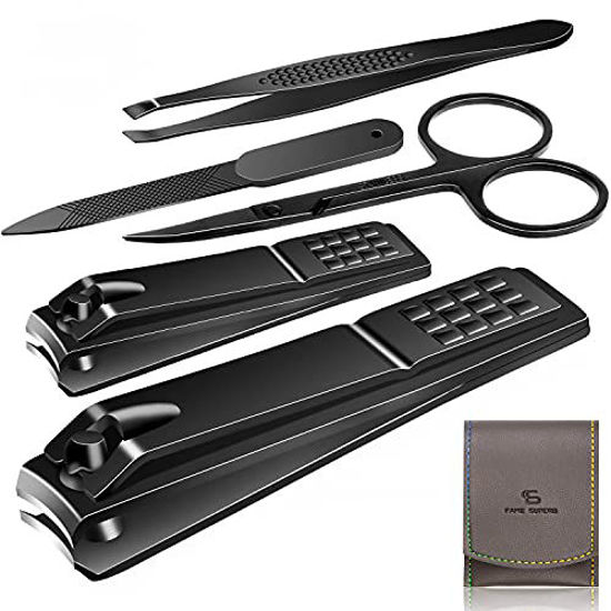 Picture of Manicure Pedicure Kit Nail Clippers Set High Quality Fingernails & Toenails Vibrissac Scissor 5 Pieces Best Care Tools for Man & Women with Travel Case (Black_A)