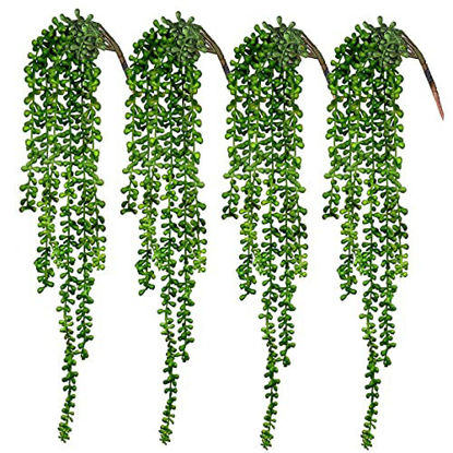 Picture of CEWOR 4pcs Artificial Succulents Hanging Plants Fake String of Pearls for Wall Home Garden Decor (24 Inches Each Length)