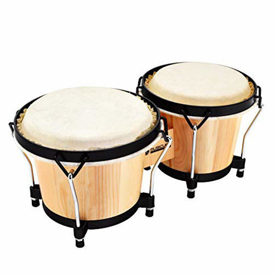 Picture of MUSICUBE Bongo Drum Set with Tuning Wrench Professional Wooden Percussion Instrument for Beginner Adults Kids (Natural Skin)