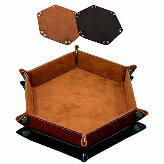 Picture of SIQUK 2 Pieces Dice Tray PU Leather Dice Folding Hexagon Tray Dice Holder for Dice Games Like RPG, DND and Other Table Games (Camel and Black)