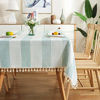 Picture of AmHoo Stitching Tassel Tablecloth Striped Table Cloth Rectangle Cotton Linen Dust-Proof Table Cover for Kitchen Dinning 54 x 86 Inch Teal