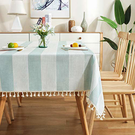 Picture of AmHoo Stitching Tassel Tablecloth Striped Table Cloth Rectangle Cotton Linen Dust-Proof Table Cover for Kitchen Dinning 54 x 86 Inch Teal