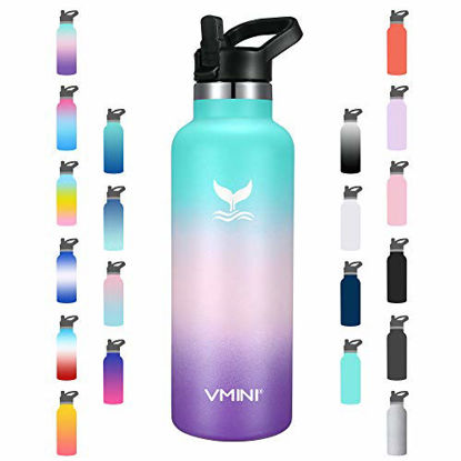 Picture of Vmini Water Bottle - Standard Mouth Stainless Steel & Vacuum Insulated Bottle, New Straw Lid with Wide Handle, Gradient Mint+Pink+Purple & 22 oz