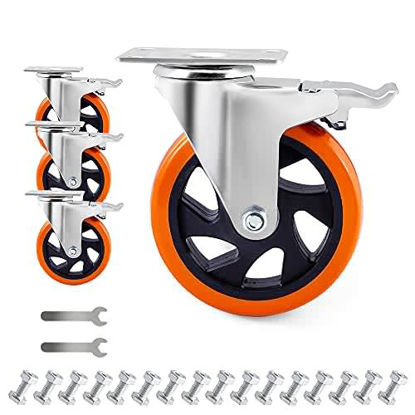 Picture of D&L 5 Inch Plate Casters Wheels 1800lbs Heavy Duty Casters with Brake Polyurethane Dual Locking Casters Set of 4 Orange DL-I5-001