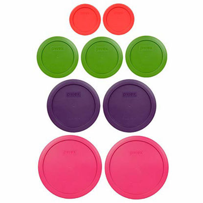 Picture of Pyrex (2) 7402-PC 6/7 Cup Fuchsia (2) 7201-PC 4 Cup Purple (3) 7200-PC 2 Cup Lawn Green (2) 7202-PC 1 Cup Red Replacement Food Storage Lids