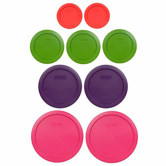 Picture of Pyrex (2) 7402-PC 6/7 Cup Fuchsia (2) 7201-PC 4 Cup Purple (3) 7200-PC 2 Cup Lawn Green (2) 7202-PC 1 Cup Red Replacement Food Storage Lids