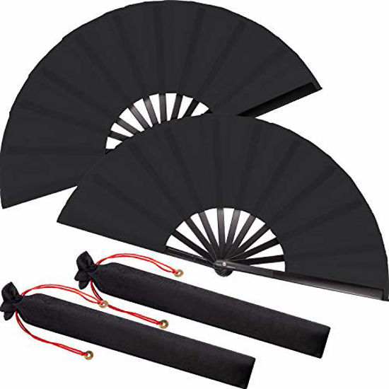 Picture of Large Folding Silk Hand Fan Hand Folding Fans Chinese Tai Chi Folding Fan for Men and Women Performance, Dance, Decorations, Festival, Gift (Black, 2 Packs)