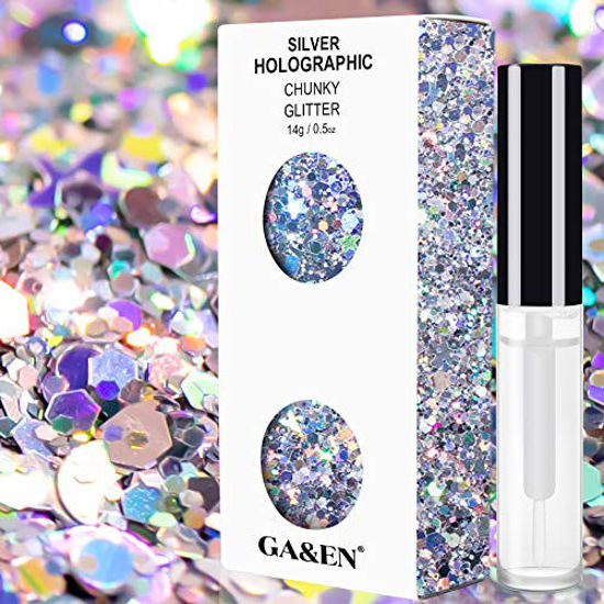 Picture of Silver Holographic Chunky Cosmetic Glitter Body Hair Face Eye Nail for Festival Carnival Concert Party Beauty Rave Accessories Different Sizes&Shapes 14g + Quick Dry Primer Glue Gel(5ml)