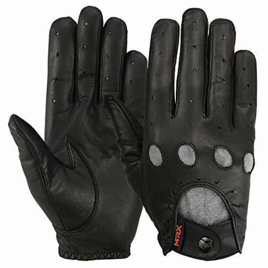 Picture of Mens Driving Gloves Basic Soft Goat Leather Fingerless Breathable Biker Motorcycle Riding Cycling Shooting Button Gloves Full Finger, Black (X-Large)