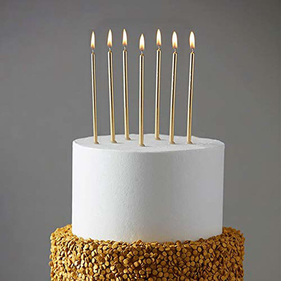 Picture of 24 Count Party Long Thin Cake Candles Metallic Birthday Candles in Holders for Birthday Cakes Cupcake , Champagne Gold