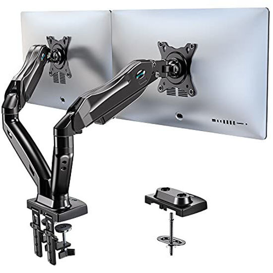 Picture of HUANUO Dual Monitor Stand - Adjustable Spring Monitor Desk Mount Swivel Vesa Bracket with C Clamp, Grommet Mounting Base for 17 to 27 Inch Computer Screens - Each Arm Holds 4.4 to 14.3lbs