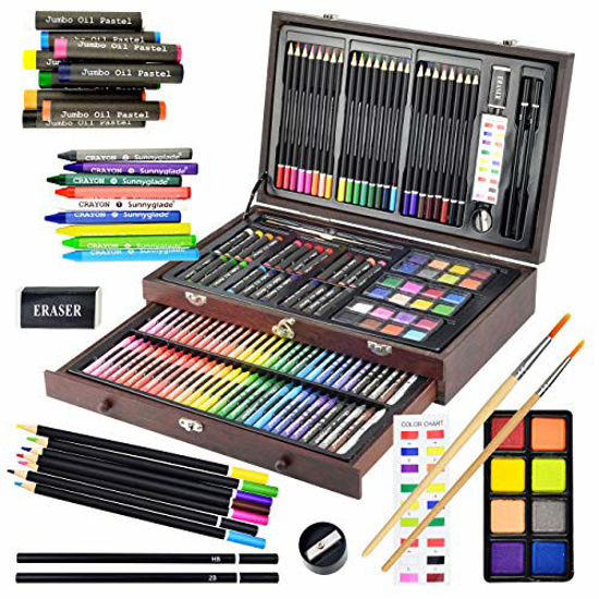 Picture of Sunnyglade 145 Piece Deluxe Art Set, Wooden Art Box & Drawing Kit with Crayons, Oil Pastels, Colored Pencils, Watercolor Cakes, Sketch Pencils, Paint Brush, Sharpener, Eraser, Color Chart (Cherry)