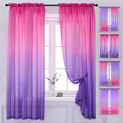 Picture of Yancorp 2 Panel Sets Bedroom Curtains 63 inch Length Sheer Curtain Pink Purple Ombre Curtains Rod Pocket Drapes for Girls Living Room Mermaid Bedroom Nursery Kid Window Decor(Pink Purple, 40"x63")