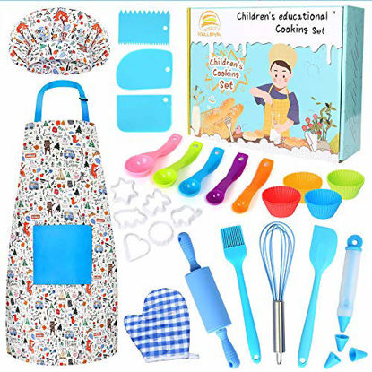 Picture of KALUDYA Kids Cooking and Baking Set,37 Pcs Kids Baking DIY Activity Kit Includes Kids Chef Hat and Apron, Oven Mitt,Cookie Cutters,Junior Cooking Set Kids Gift for 6+ Year Old Girls, Boys (Blue)