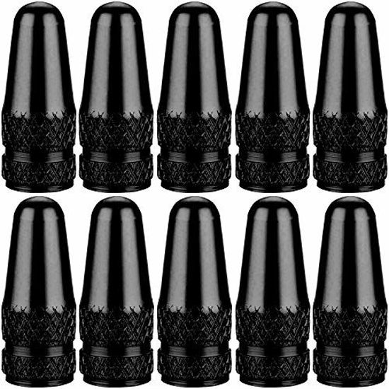 Picture of SAMIKIVA (10 Pack Bike Presta Valve Stem Caps, Chrome Anodized Aluminum, Use On Presta French Valves, Dust caps for MTB Road Racing Bicycle, Rocket Style (Black (10 Pack))