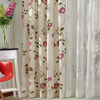 Picture of VOGOL Linen Textured 60% Room Darkening Curtains for Bedroom, Rural Style Floral Embroidered Light Filtering Grommet Window Curtain for Farmhouse, W52 x L96, 2 Pieces