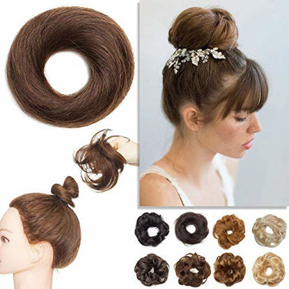 Picture of S-noilite Messy Bun Hair Pieces 2PCS Real Human Hair Scrunchie #4 Medium Brown Straight Elegant Chignon Hairpieces Instant Ponytail Updos Scrunchy For Women Kids Wedding Tousled