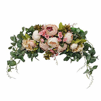 Picture of Wedding Arch Flowers, 30 Inch Rustic Artificial Floral Swag for Lintel, Green Leaves Rose Peony Sunflowers Door Wreath Home Decoration