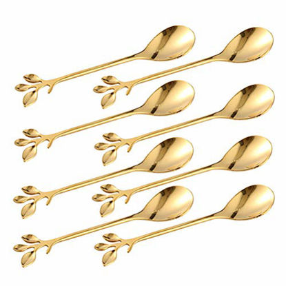 Picture of Turbokey Gold Leaf Coffee Spoon Set of 8,Ice-Cream Tea Stirring Spoons 4.7 Inches Retro Dessert Demitasse Espresso Spoons Cutlery Kitchen Tableware (8 Spoons-Gold)