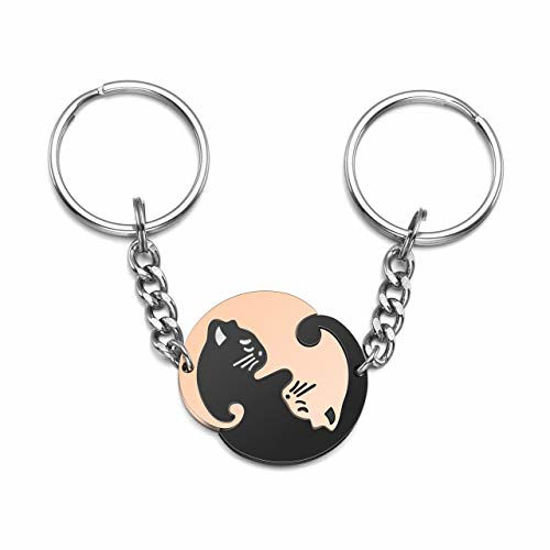 Picture of Jovivi 2pcs Stainless Steel Couples Keychains Black Rose Gold Cat Puzzle Piece Matching Couple Keychain Set Yin Yang Matching Puzzle Keychain His & Her Lover Gift