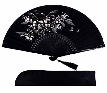 Picture of Amajiji 8.27"(21cm) Hand Held Bamboo Silk Folding Fan Hand Fan,Chinese/Japanese Charming Elegant Vintage Retro Style,Women Ladys Girls Best Gifts (Black-1)