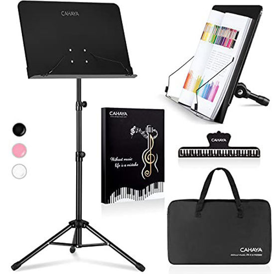 Picture of CAHAYA 4 in 1 Dual-use Sheet Music Stand & Desktop Book Stand Metal Portable Solid Back with Carrying Bag, Sheet Music Folder & Clip, Projector Stand, Laptop Stand, Bible Book Stand, Tablet Stand