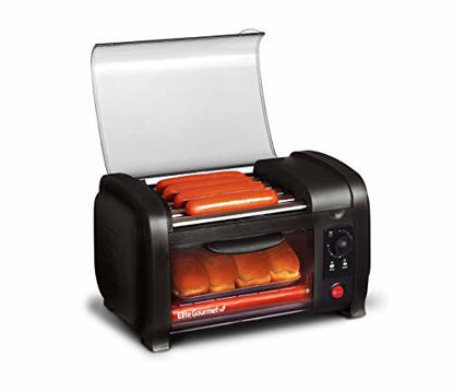 Picture of Elite Gourmet EHD-051B Hot Dog Toaster Oven, 30-Min Timer, Stainless Steel Heat Rollers Bake & Crumb Tray, World Series Baseball, 4 Bun Capacity, Black