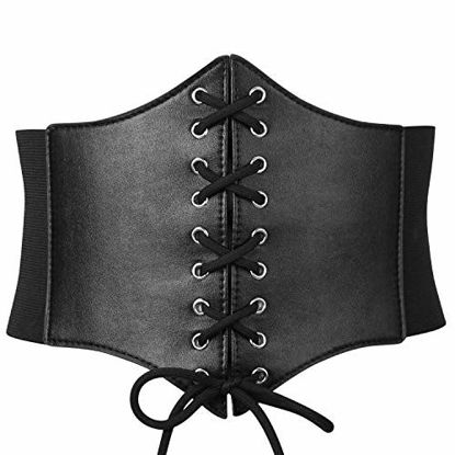 Picture of Black Corset Waist Belt for Women, Wide Elastic Tie Waspie Belt for Dresses 4.7inch