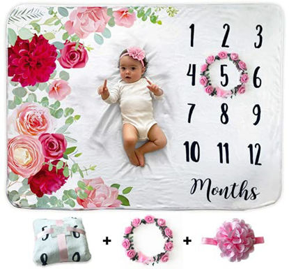 Picture of Baby Monthly Milestone Blanket | Includes Floral Wreath & Headband | 1 to 12 Months | Premium Extra Soft Fleece | Best Photography Backdrop Photo Prop for Newborn | Baby Girl (Floral Pink)