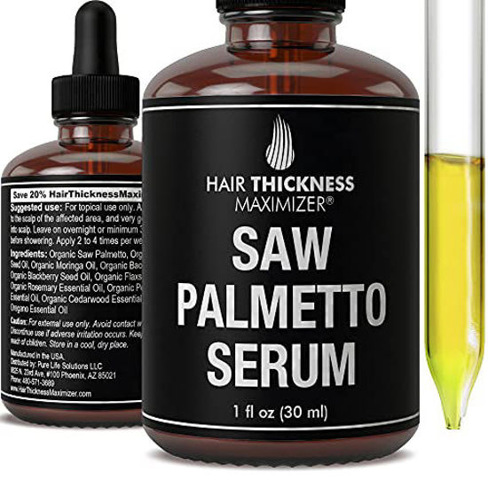 Picture of Organic Saw Palmetto Oil Serum. Stop Hair Loss Now by Hair Thickness Maximizer. Best Treatment for Hair Thinning. Hair Thickening Oils with Organic Pumpkin Seed Oil, Moringa Oil, Baobab Liquid (1 oz)