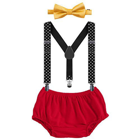 Picture of Baby Boys First Birthday Adjustable Y Back Elastic Clip Suspenders Cake Smash Outfit Tuxedo Pre-tied Bloomers Bowtie set