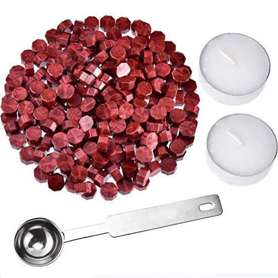 Picture of HESTYA 230 Pieces Octagon Sealing Wax Beads Sticks with 2 Pieces Tea Candles and 1 Piece Wax Melting Spoon for Wax Stamp Sealing (Wine Red)