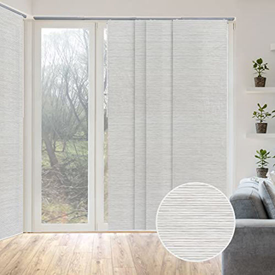 Picture of GoDear Design Deluxe Adjustable Sliding Panel Track Blind 45.8"- 86" W x Up to 96" H, Extendable 4-Rail Track Vertical Blind for Sliding Windows and Doors, Trimmable Natural Woven Fabric, Marble