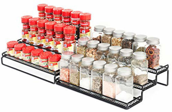 Picture of GONGSHI 3 Tier Expandable Spice Rack Organizer for Cabinet Pantry or Countertop (12.5 to 25"W) Kitchen Step Shelf with Protection Railing, Black