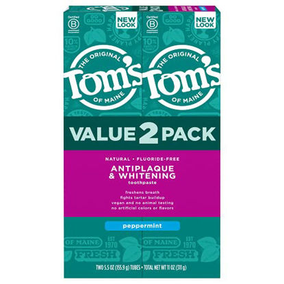 Picture of Tom's of Maine Fluoride-Free Antiplaque & Whitening Natural Toothpaste, Peppermint, 5.5 oz. 2-Pack (Packaging May Vary)