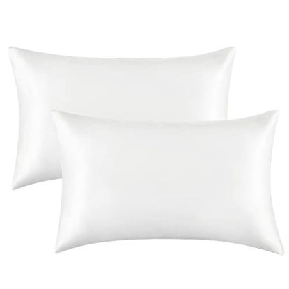 Picture of Bedsure Satin Pillowcase for Hair and Skin Queen - Pure White Silk Pillowcase 2 Pack 20x30 inches - Satin Pillow Cases Set of 2 with Envelope Closure