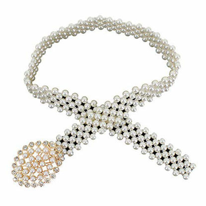 Picture of Felice Ann Women Pearl Decoration Glitter Rhinestone Elastic Waist Belt Sash Wedding Bridal Evening Dress Belt