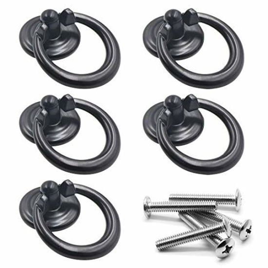 Picture of HONJIE 5Pcs Black Metal Ring Pull Handle Used for Cabinet Drawer Door, with Screws