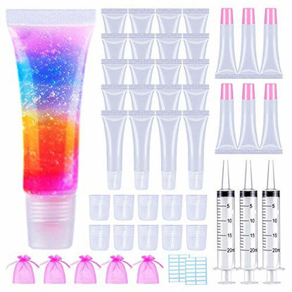 Picture of AMORIX 50PCS Empty Lip Gloss Tubes 10ml Clear 6PCS Pink Lip Gloss Containers Lip Balm Tubes Cute Lipgloss Supplies Squeeze Tubes Kit with 3 x 20ml Syringes 5pcs Organza Bags for DIY Lip Gloss Base