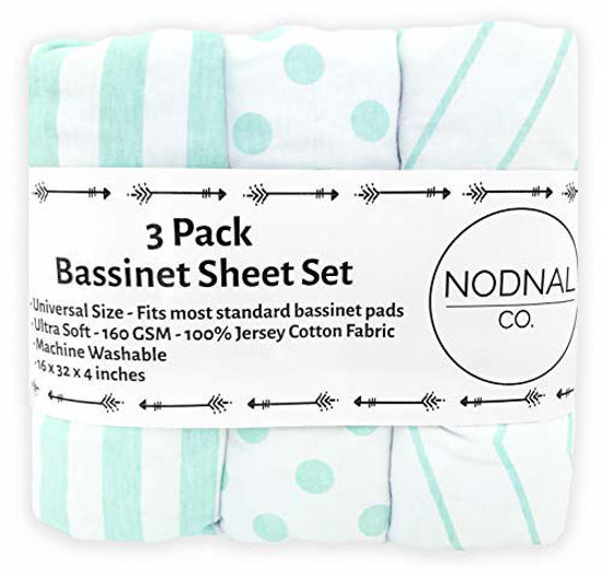 Picture of NODNAL CO. Mint Bassinet Fitted Sheet Set 3 Pack 100% Jersey Cotton for Baby Girl/Boy - Chevron, Polka Dot and Stripe 160 GSM Sheets