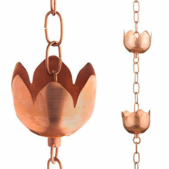 Picture of Marrgon Copper Rain Chain - Decorative Chimes & Cups Replace Gutter Downspout & Divert Water Away from Home for Stunning Fountain Display - 6.5 Long for Universal Fit - Flower Style