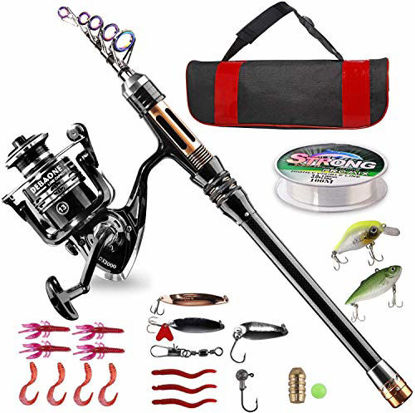 Picture of BlueFire Fishing Rod Kit, Carbon Fiber Telescopic Fishing Pole and Reel Combo with Spinning Reel, Line, Lure, Hooks and Carrier Bag, Fishing Gear Set for Beginner Adults Saltwater Freshwater(2.1M)