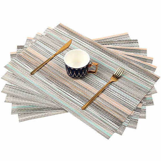 Picture of Sayopin Placemats, Placemats for Dining Table Set of 6 , Heat-Resistant Non-Slip Woven Place Mats for Kitchen Table Mats Vinyl Stain Resistant Christmas Placemats (6,Blue Stripes)