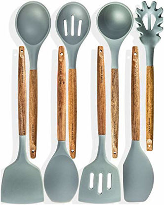 Picture of Home Hero Silicone Kitchen Utensil Set - 8pc Natural Acacia Wooden Cooking Utensils Set